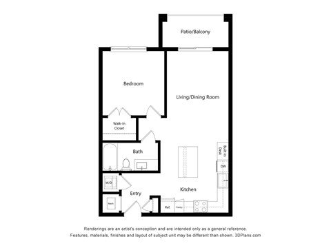 A floor plan of a house with a bedroom, living/dining room, kitchen, bath, and entry.